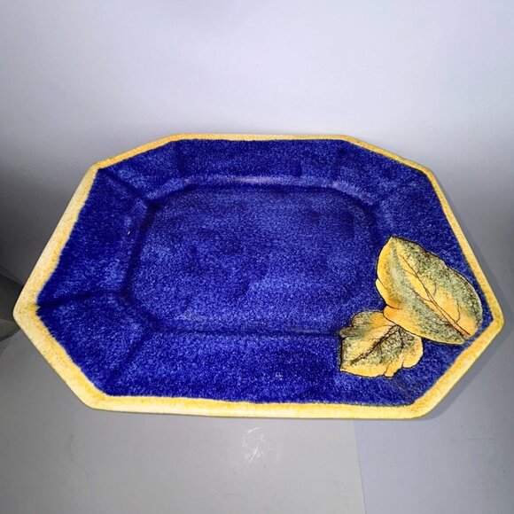Benlloch Espana, Spain 14" Blue Platter with Yellow Leaves Signed Studio Pottery - Picture 2 of 16